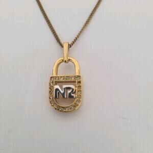 Vintage Nina Ricci NR Lock Pendant Necklace Reighstones‎ 15” Gold Tone Chocker